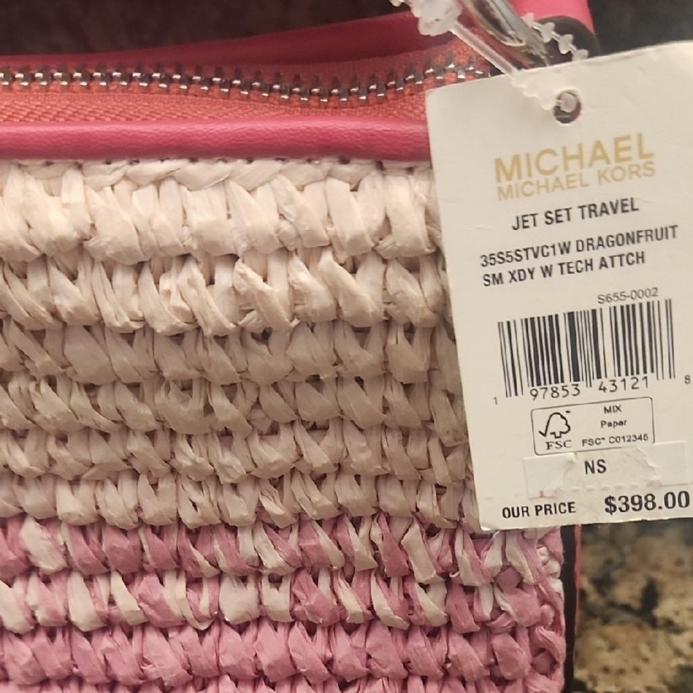 Michael Kors Pink and Cream Woven Crossbody Bag with Accessories - Picture 2 of 6